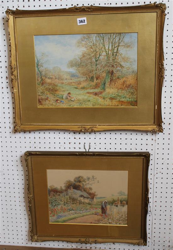 J Barclay aka Horace Hammond , watercolour, cottage garden scene & another rural watercolour, indistinctly signed (2)